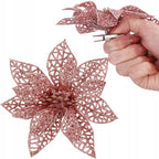 Set 10 ornamente pentru bradul de Craciun, stea Poinsettia, 10cm, roz