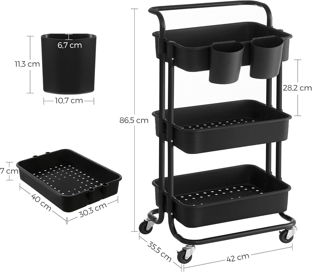 SONGMICS Carucior de depozitare pe roti, pentru bucatarie sau baie, cu 3 nivele, 42x34x86 cm, negru