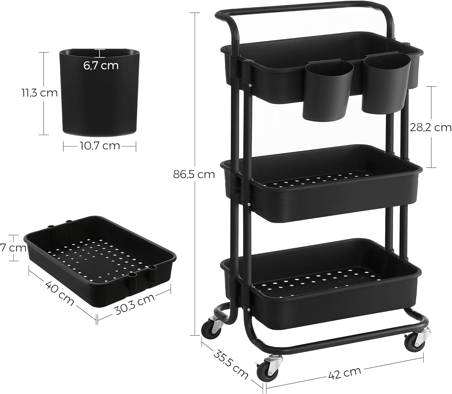SONGMICS Carucior de depozitare pe roti, pentru bucatarie sau baie, cu 3 nivele, 42x34x86 cm, negru
