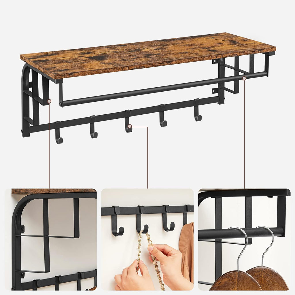 VASAGLE Cuier de perete cu raft de depozitare, 5 carlige, 30x80x27 cm, maro rustic
