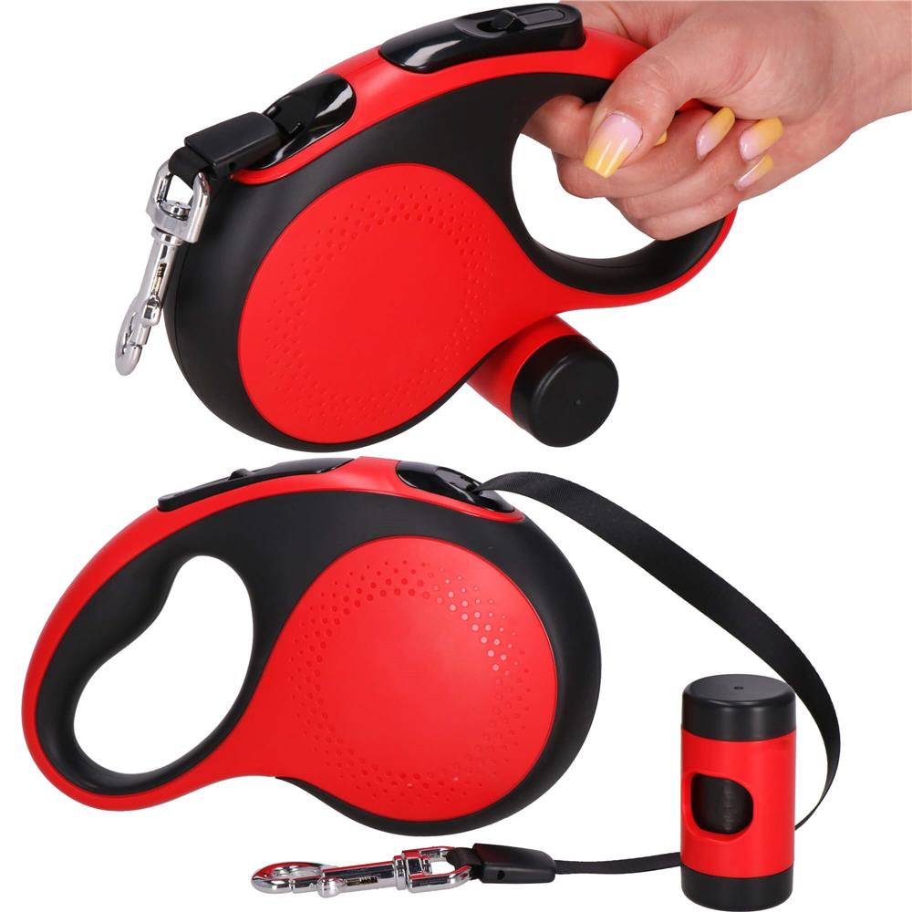 Lesa automata retractabila, pentru rase mari pana la 50kg, 500 cm, suport saci, negru rosu