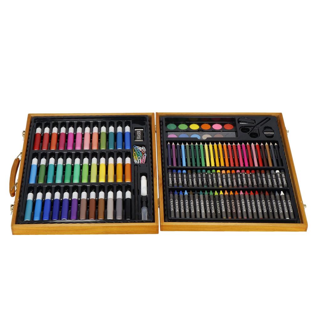Set de pictura si desen pentru copii, 150 de piese, trusa lemn maro