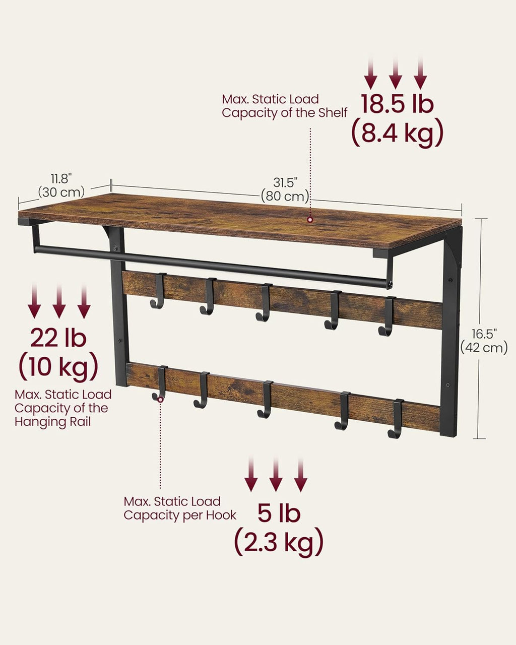 VASAGLE Cuier de perete cu raft de depozitare, 10 carlige, 30x80x42 cm, maro rustic