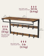 VASAGLE Cuier de perete cu raft de depozitare, 10 carlige, 30x80x42 cm, maro rustic