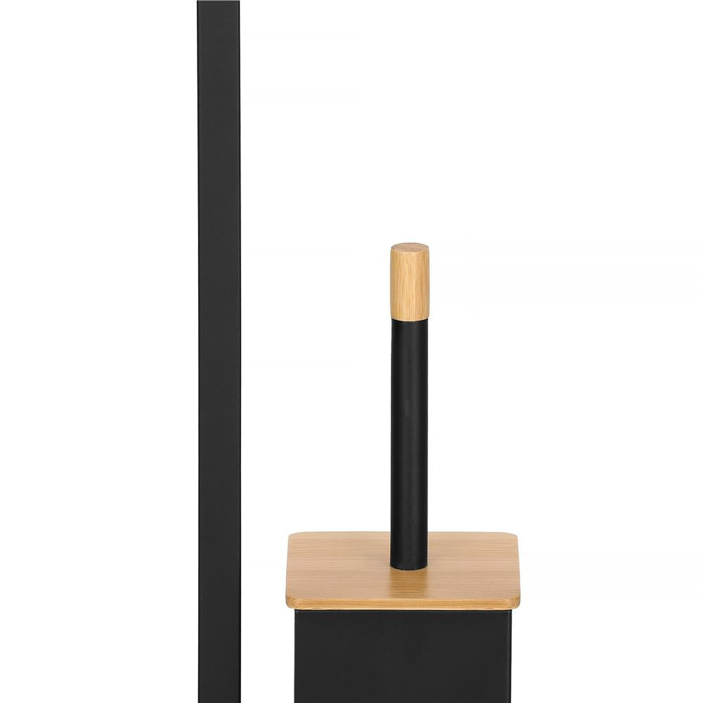 Stand cu perie WC si suport hartie igienica, metal si bambus, 79cm, negru