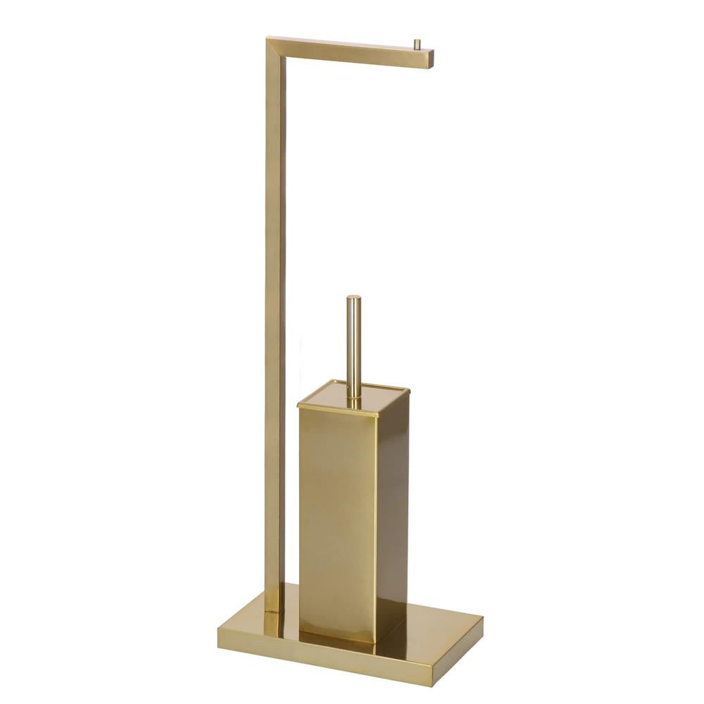 Stand cu perie WC si suport hartie igienica, metal si bambus, 67cm, auriu