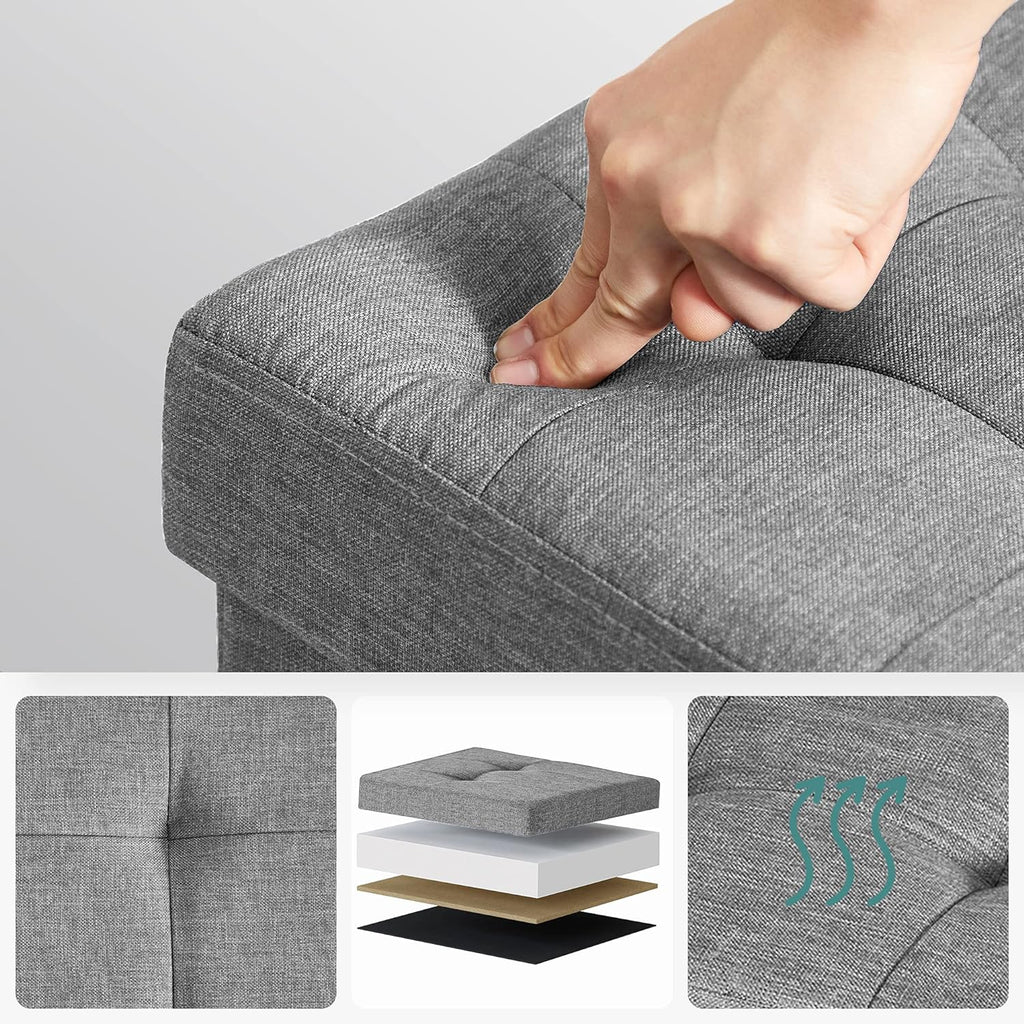 SONGMICS Taburet pliabil cu sezut moale, spatiu de depozitare, maxim 300 kg, 76x38x40 cm, gri deschis