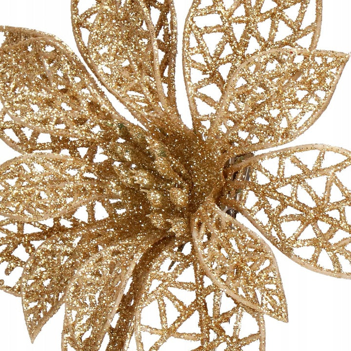 Set 10 ornamente pentru bradul de Craciun, stea Poinsettia, 14cm, auriu