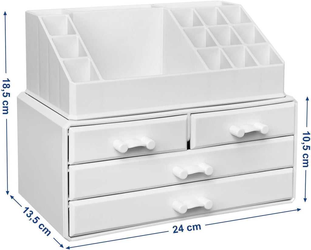 SONGMICS Organizator de cosmetice, cu 4 sertare si 16 compartimente de diferite dimensiuni, 24x14x19cm, alb