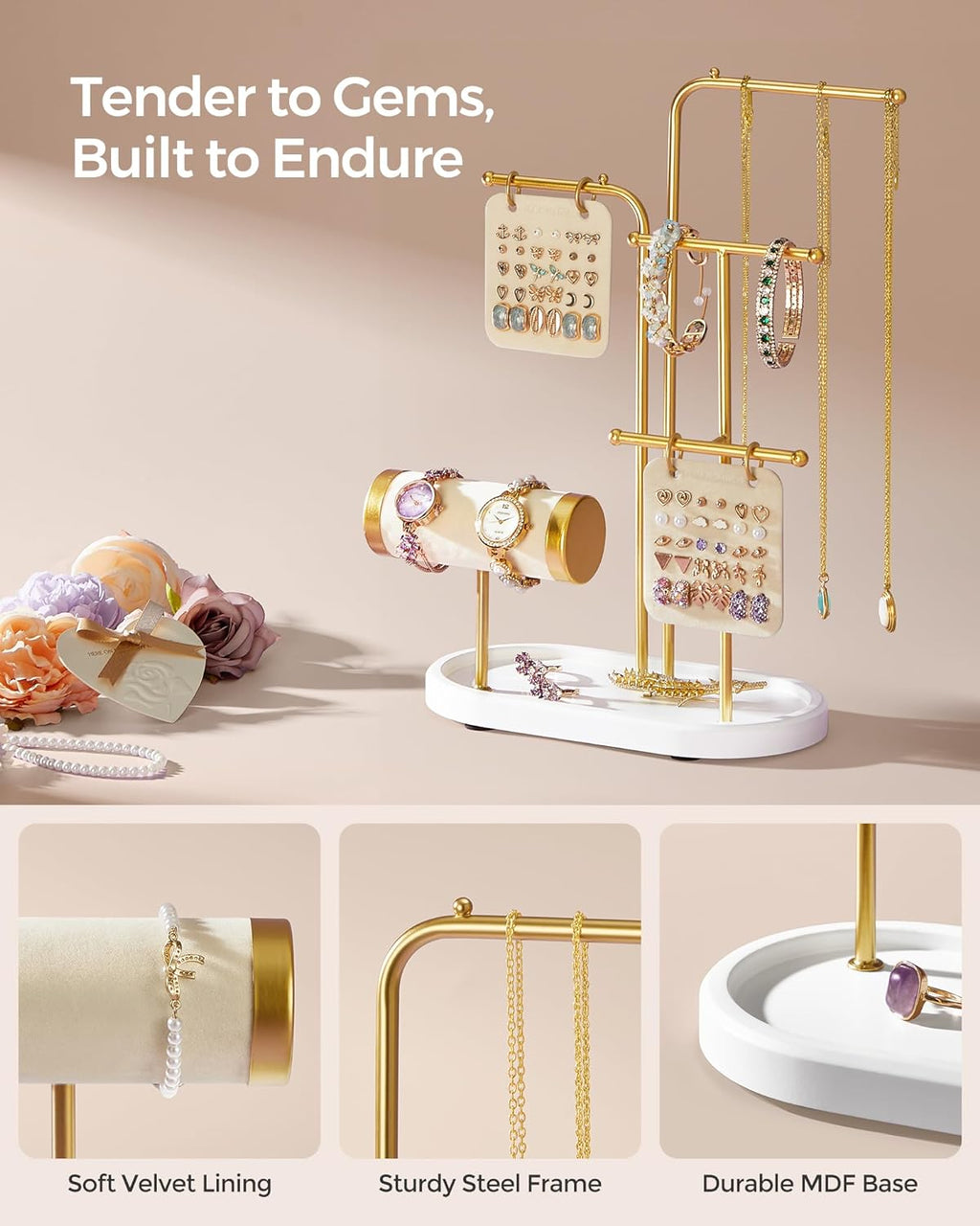 SONGMICS Stand suport pentru depozitare si expunere bijuterii, otel, 11x20x32 cm, auriu