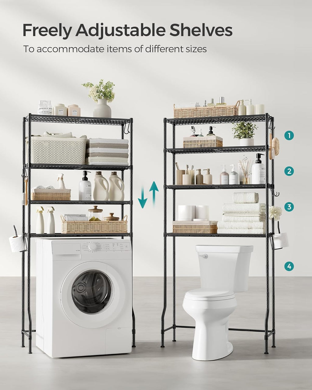 SONGMICS Raft de depozitare pentru baie, suprapunere peste masina spalat sau vas WC, 30x83x176 cm, negru