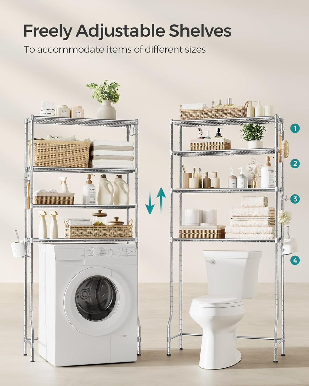 SONGMICS Raft de depozitare pentru baie, suprapunere peste masina spalat sau vas WC, 30x83x176 cm, argintiu