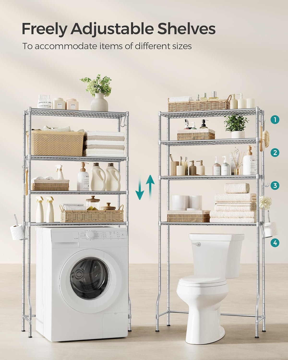 SONGMICS Raft de depozitare pentru baie, suprapunere peste masina spalat sau vas WC, 30x83x176 cm, argintiu