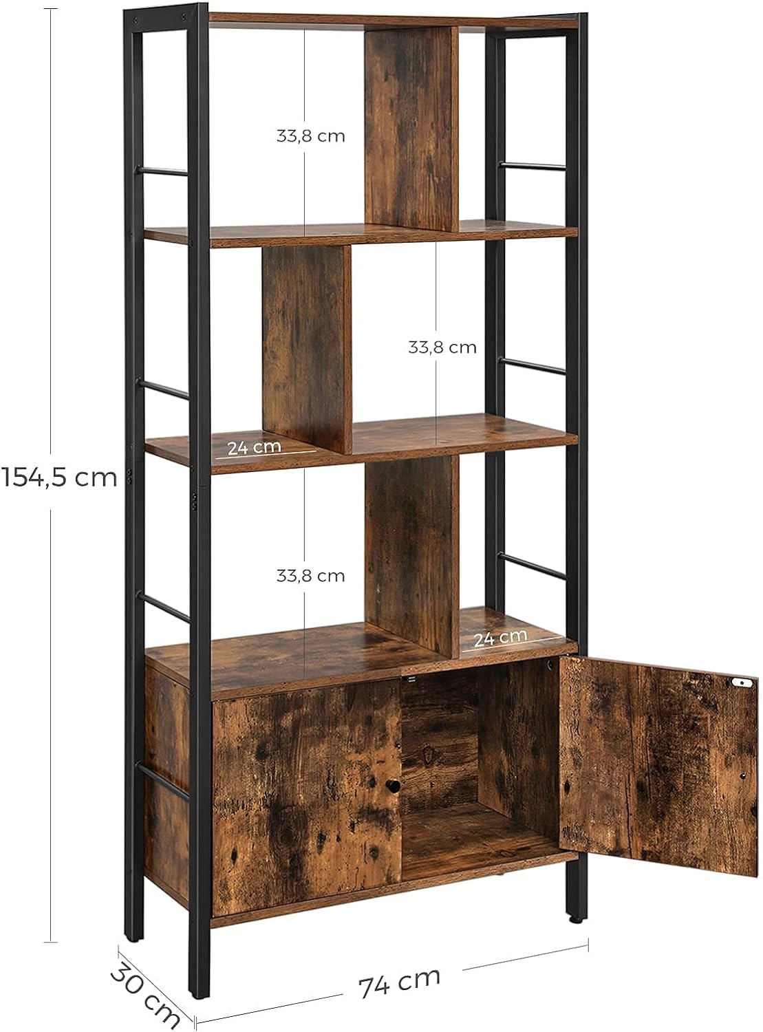 VASAGLE Biblioteca cu 4 rafturi si dulap inferior cu 2 usi, stil industrial, 74x30x155cm, maro rustic