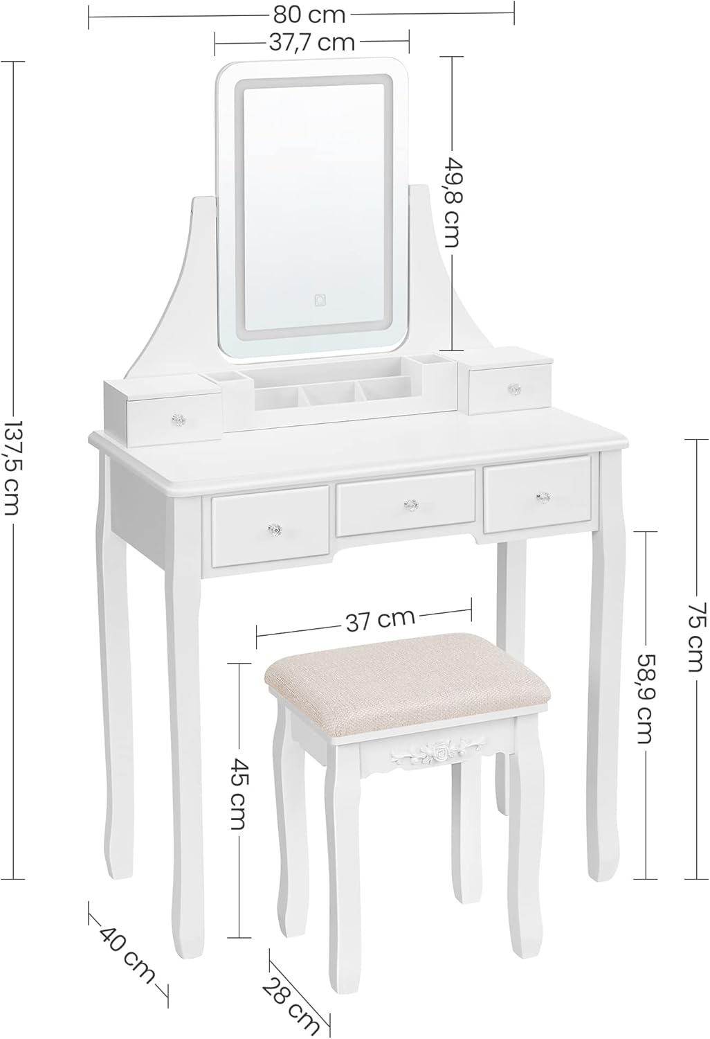 VASAGLE Masa de toaleta cu taburet, oglinda rotativa 360°, iluminare LED reglabila, 80x40x138 cm, alb