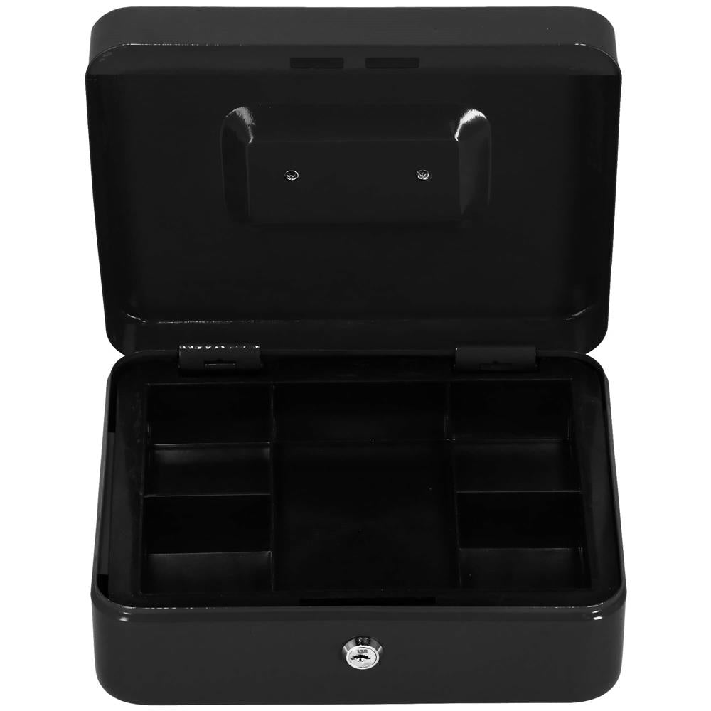 Caseta pentru bani tip cutie de valori, compartimentanta, cu cheie, metal, 30x24x9cm, negru