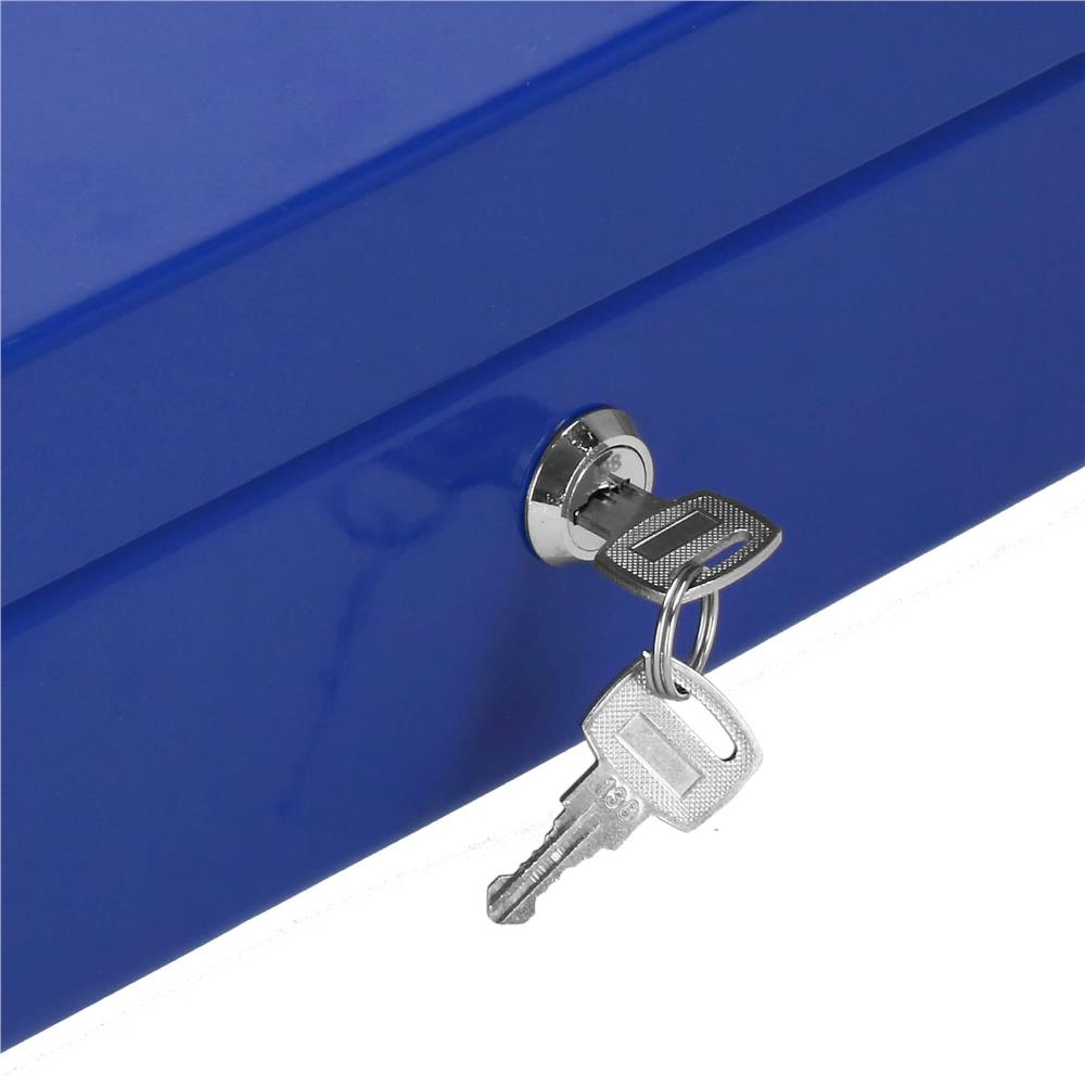 Caseta pentru bani tip cutie de valori, compartimentanta, cu cheie, metal, 25x20x9cm, albastru