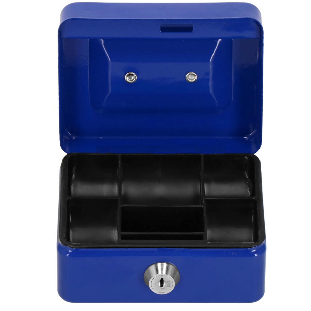 Caseta pentru bani tip cutie de valori, compartimentanta, cu cheie, metal, 12.5x9.5x6.5cm, albastru