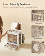 SONGMICS Cutie de bijuterii cu 3 sertare laterale, fereastra si oglinda mare, 16x26x32 cm, alb