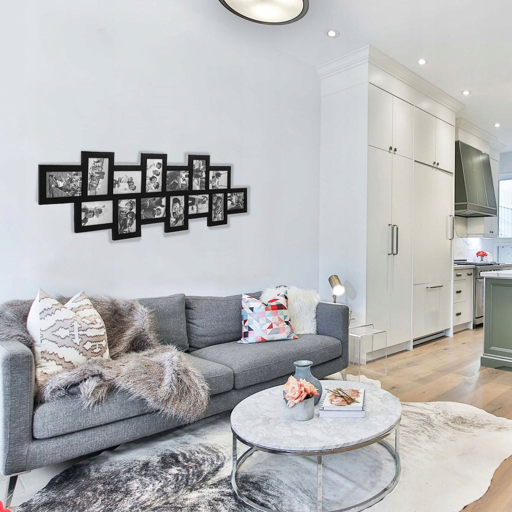 Rama foto de perete, colaj de 14 fotografii, 36x118cm, negru