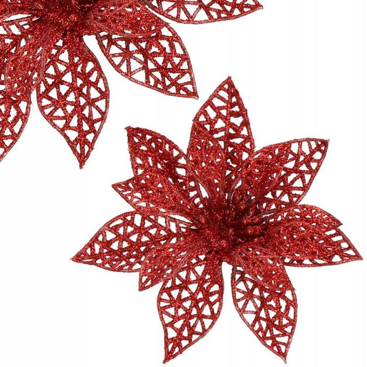 Set 10 ornamente pentru bradul de Craciun, stea Poinsettia, 10cm, rosu