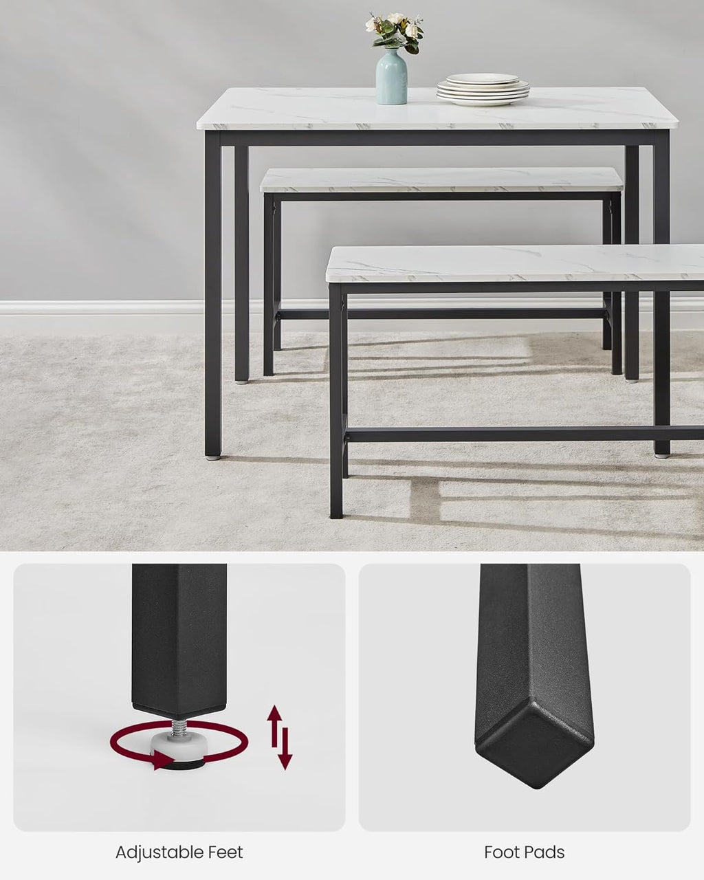 VASAGLE Masa de bar cu 2 banci, design industrial, 110x70x75 cm, alb marmura