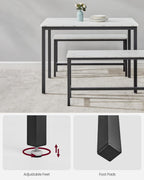 VASAGLE Masa de bar cu 2 banci, design industrial, 110x70x75 cm, alb marmura