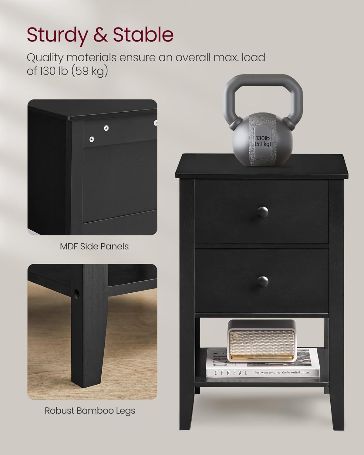 VASAGLE Set de 2 noptiere din bambus, cu 2 sertare, 35x40x60 cm, negru