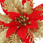 Set 10 ornamente pentru bradul de Craciun, stea Poinsettia, 14cm, rosu auriu