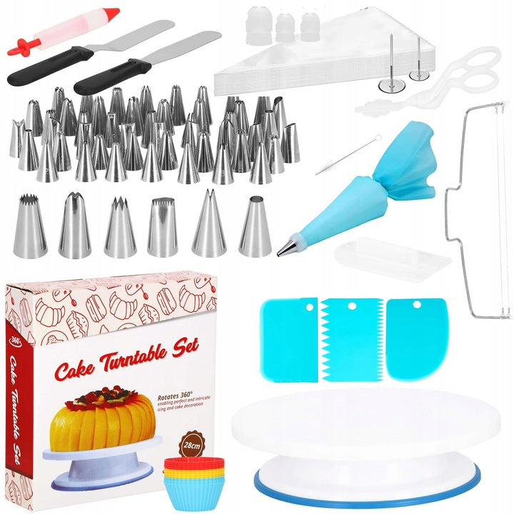 Set patiserie cu platou rotativ, 106 piese cu sabloane pentru ornarea prajiturilor