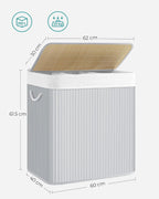 SONGMICS Cos de rufe din bambus, pliabil, cu captuseala detasabila lavabila, 3 compartimente, 150L, 60x40x62cm, gri