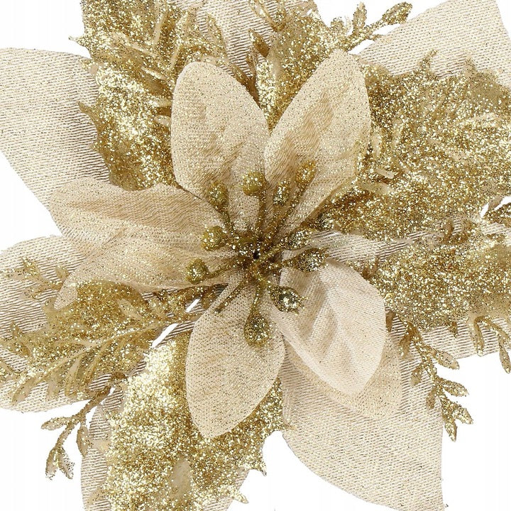 Set 10 ornamente pentru bradul de Craciun, stea Poinsettia, 13cm, auriu crem