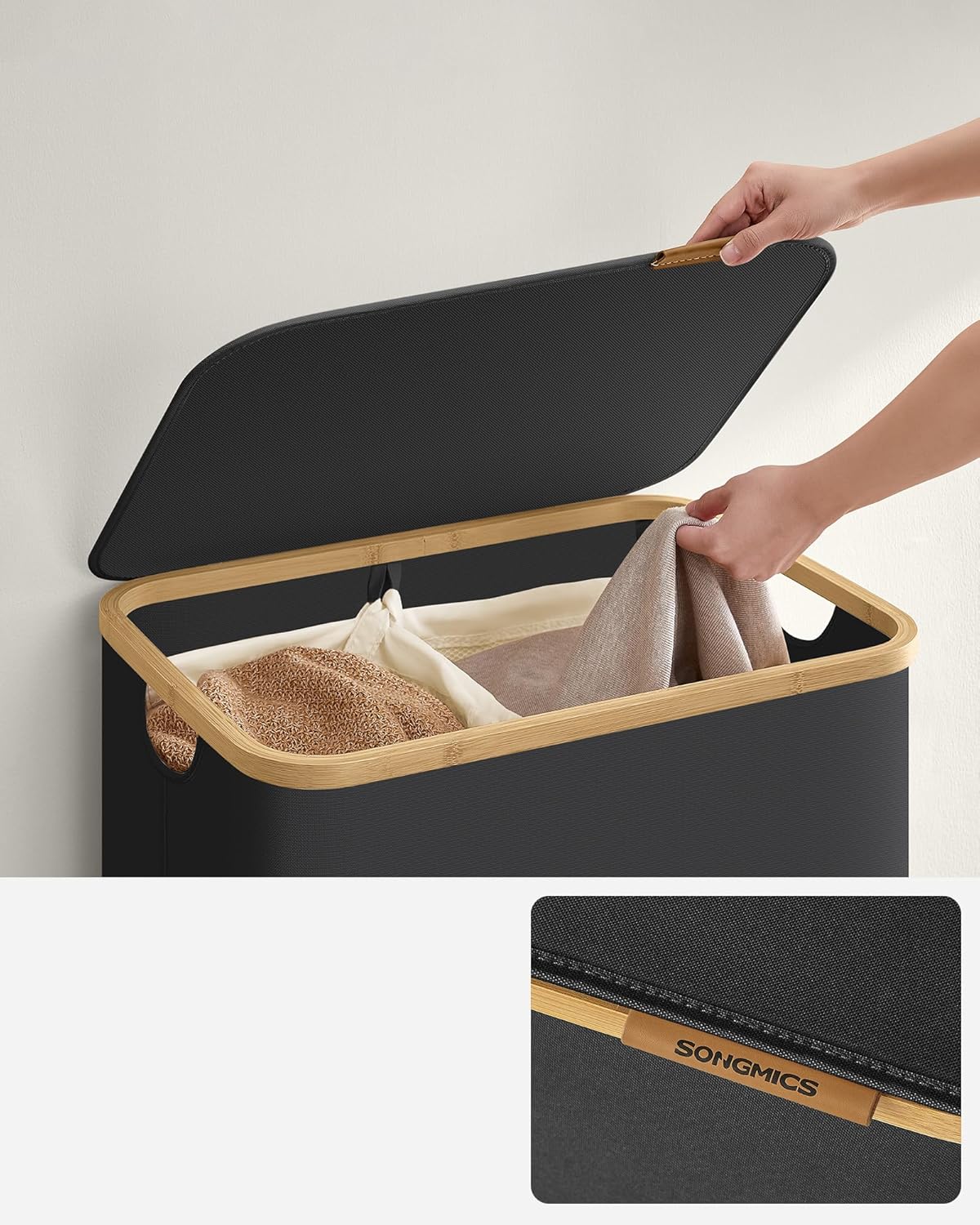 SONGMICS Cos de rufe textil, pliabil, cu 2 compartimente detasabile, 130L, 52x39x71 cm, negru