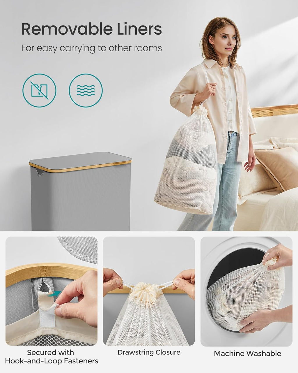 SONGMICS Cos de rufe textil, pliabil, cu 2 compartimente detasabile, 130L, 52x39x71 cm, gri