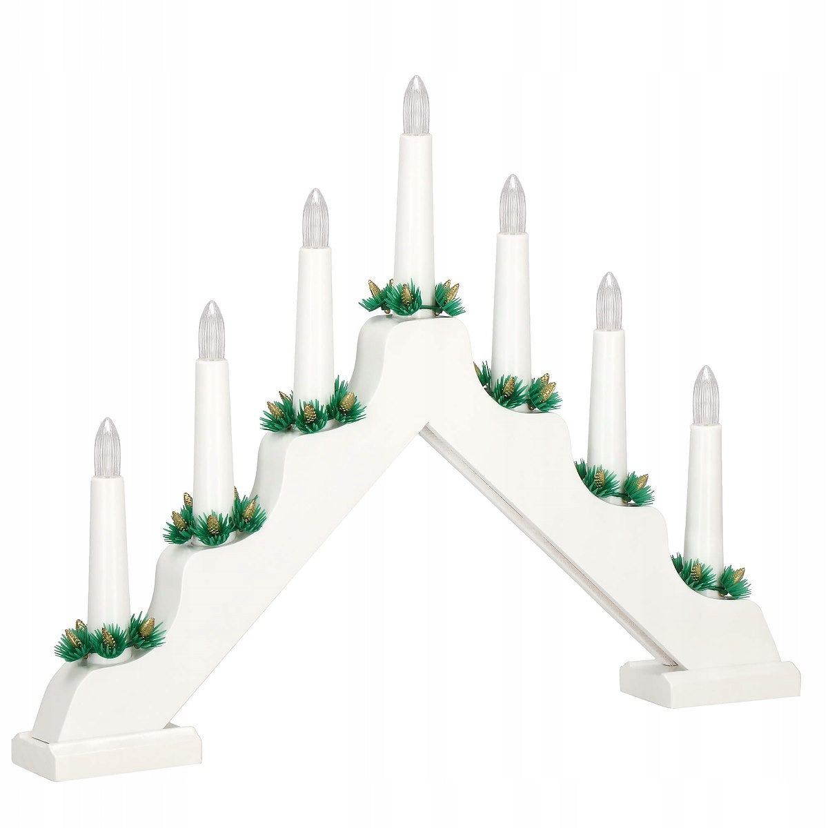 Lumanari decorative de Craciun, stand de lemn, 7 becuri tip LED, culoare alba
