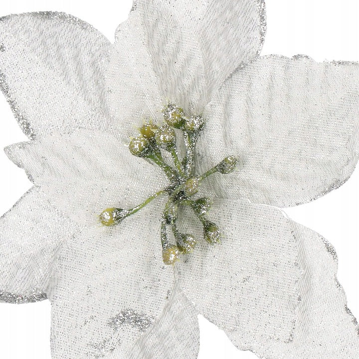 Set 10 ornamente pentru bradul de Craciun, stea Poinsettia, 13cm, gri argintiu