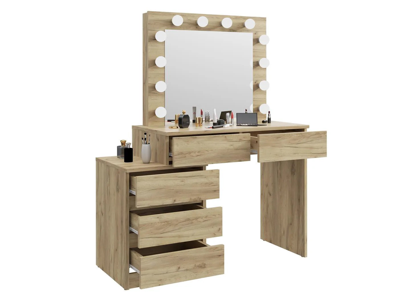 Masa de toaleta si machiaj Adele cu 5 sertare si oglinda 12 LED, 113x47x142 cm, craft