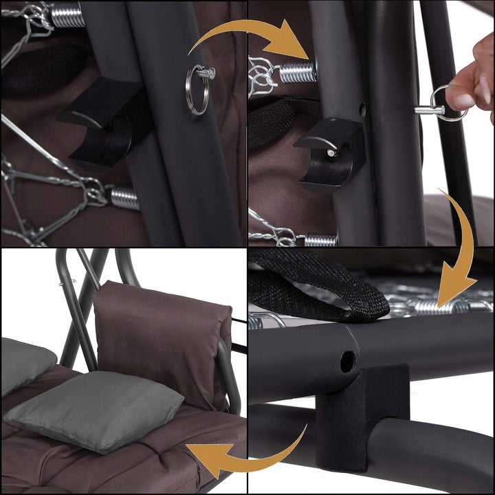 Balansoar gradina 226x126x192 cm, 3 in 1 leagan, pat si relaxare, cu plasa anti-insecte, copertina reglabila, saltea si perne incluse, gri si maro