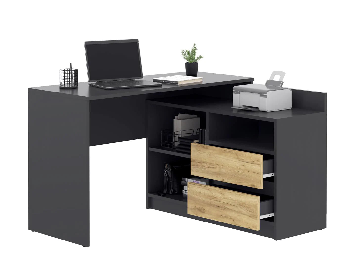 Birou colt Delta 120x50x75 cm cu comoda 100x42x72 cm, 2 sertare, montaj stanga/dreapta, antracit craft