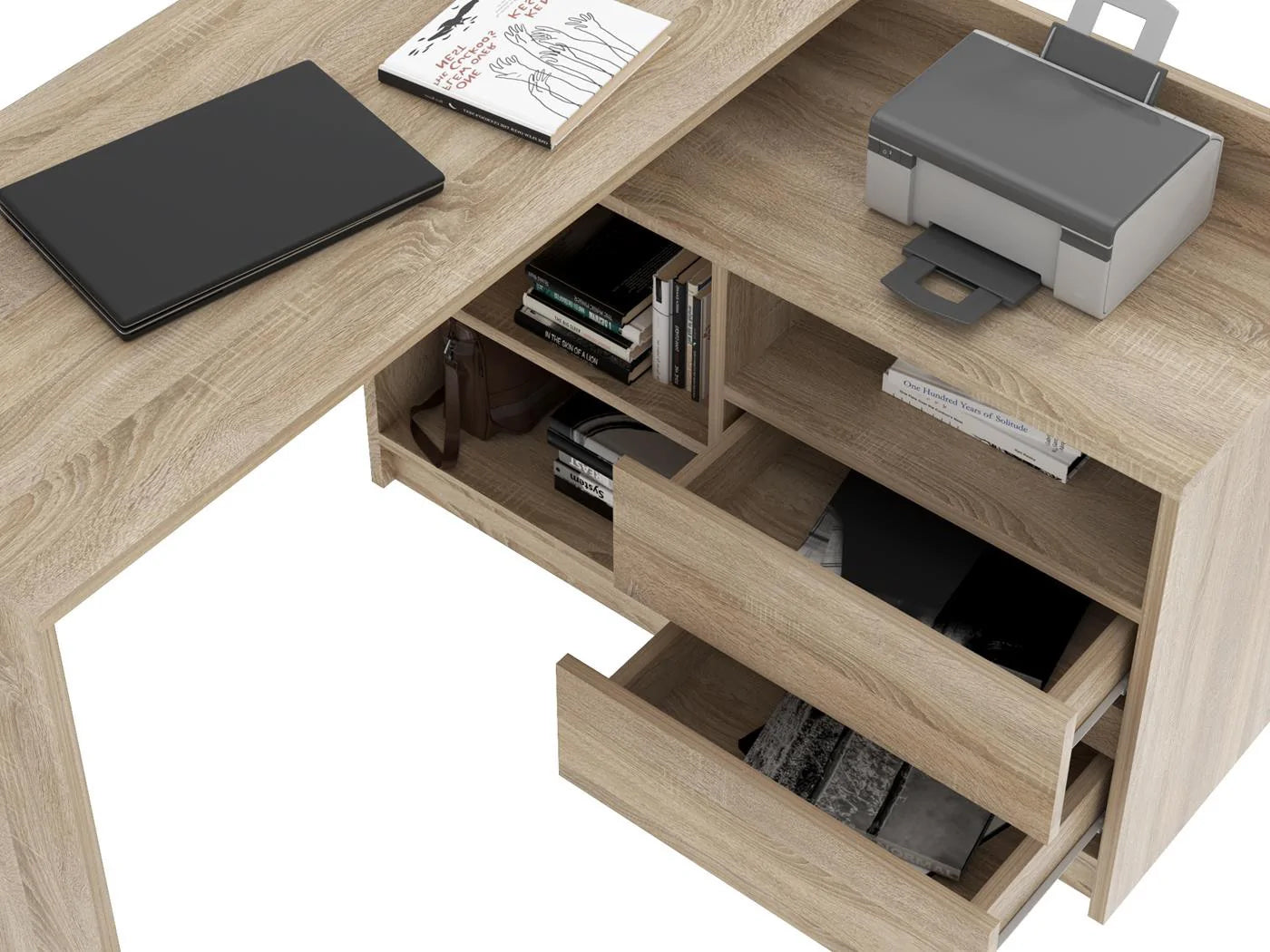 Birou colt Delta 120x50x75 cm cu comoda 100x42x72 cm, 2 sertare, montaj stanga/dreapta, sonoma