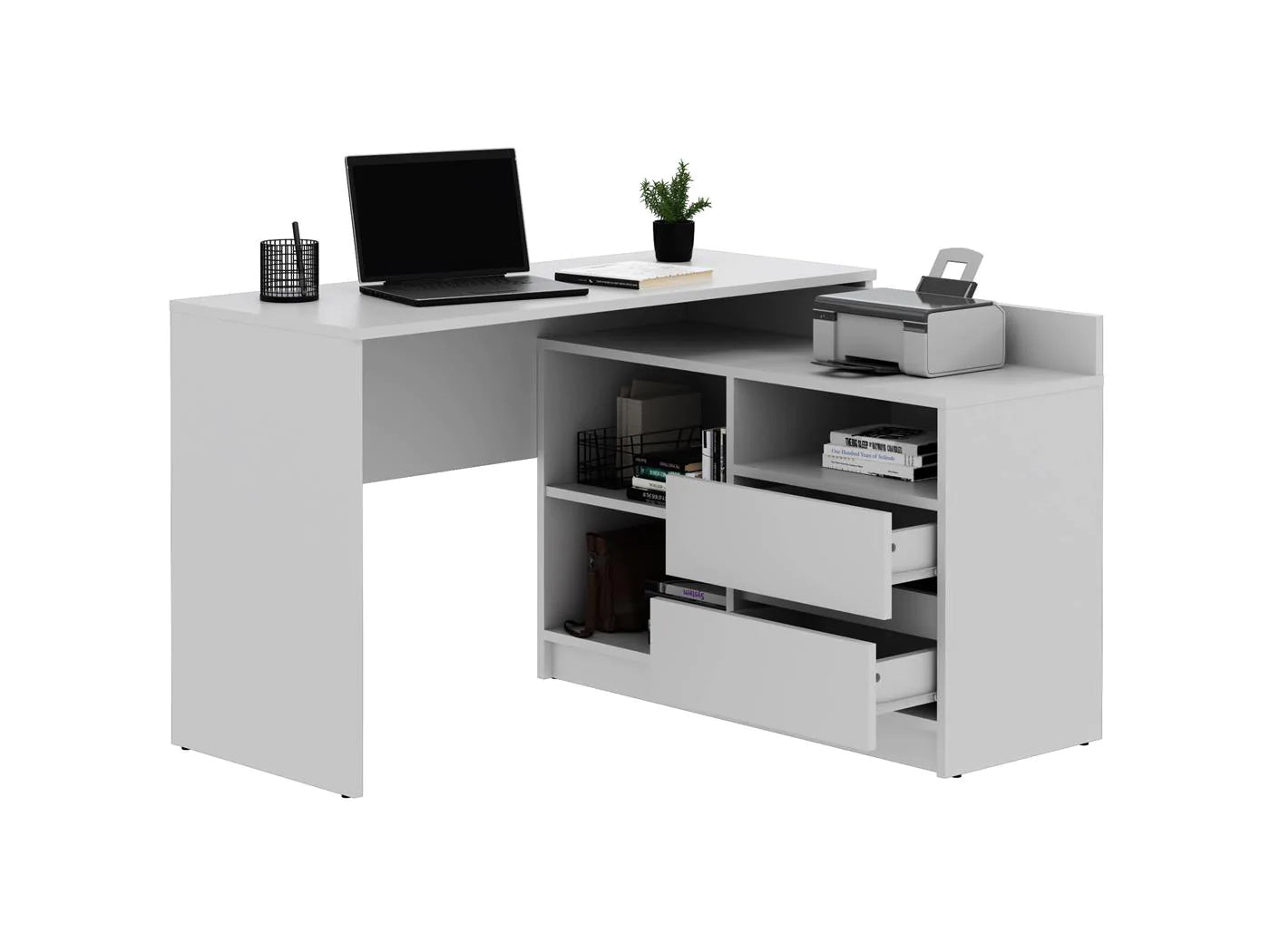 Birou colt Delta 120x50x75 cm cu comoda 100x42x72 cm, 2 sertare, montaj stanga/dreapta, alb