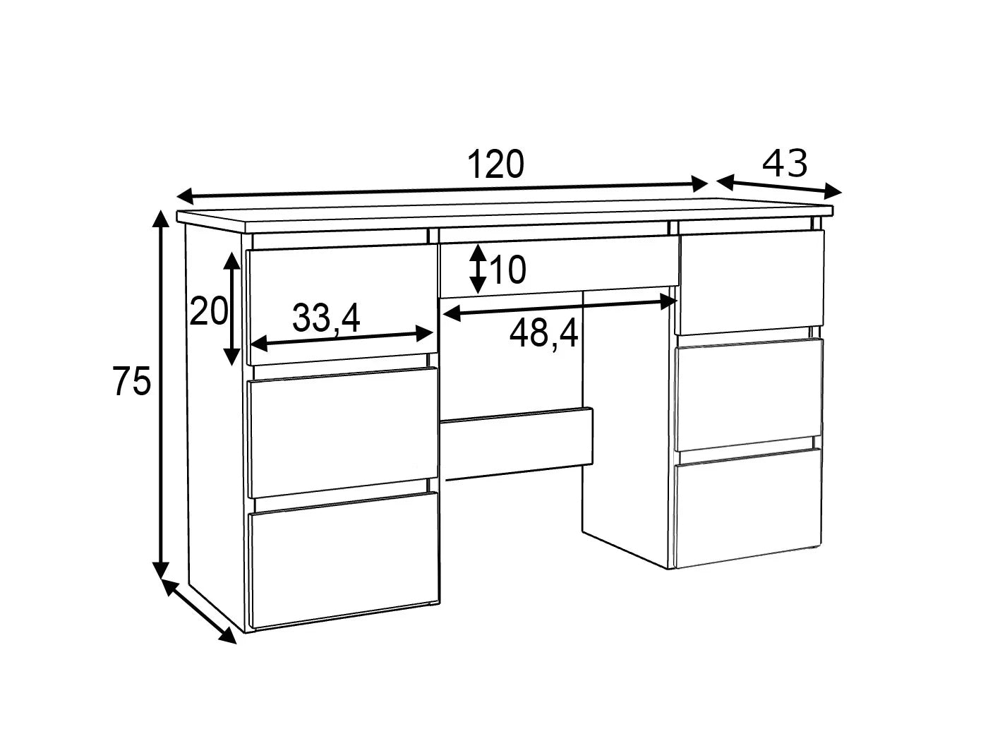 Birou cu 7 sertare Beta 4 120x43x75 cm, design minimalist, alb