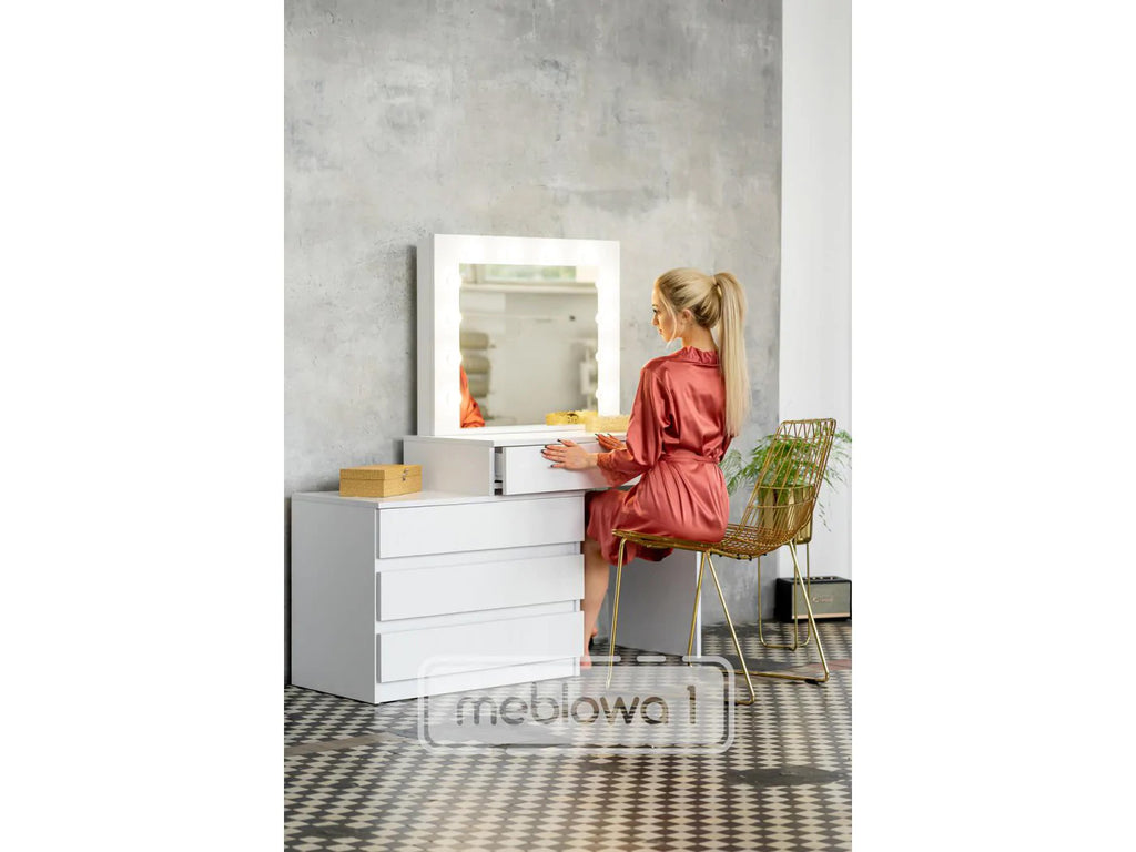 Masa de toaleta si machiaj colt Carla cu oglinda 12 LED si comoda 5 sertare, montaj stanga/dreapta, alb