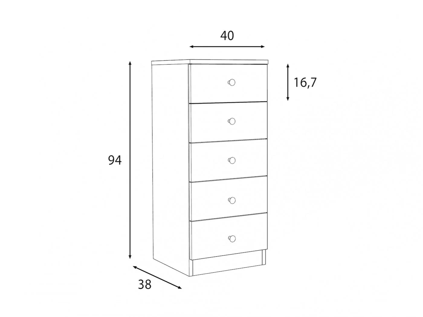 Comoda verticala Cristal cu 5 sertare, MDF, 40x38x94 cm, alb mat