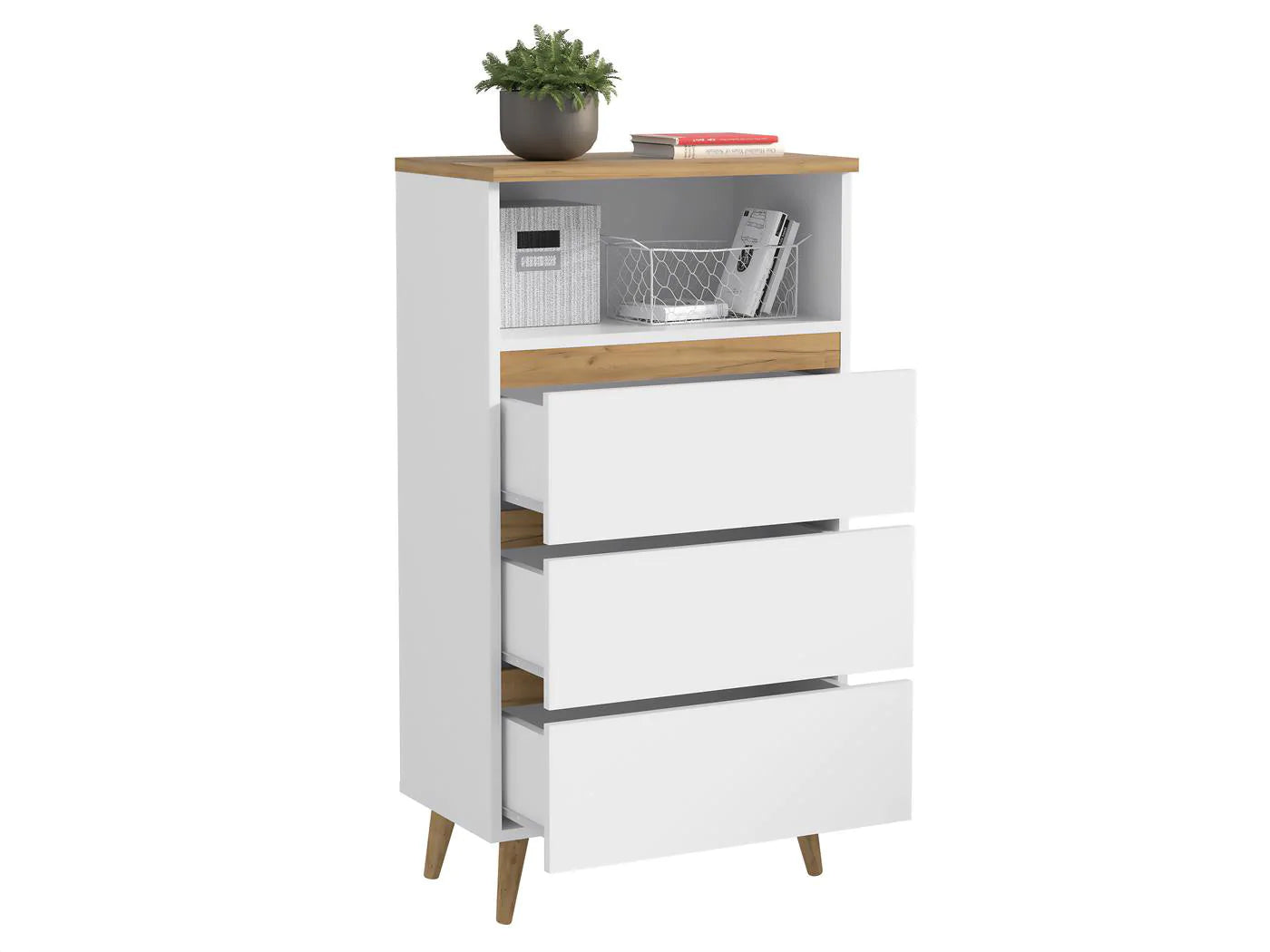 Comoda biblioteca Norge 03 cu 3 sertare si raft deschis, 65x37x119 cm, alb si stejar craft