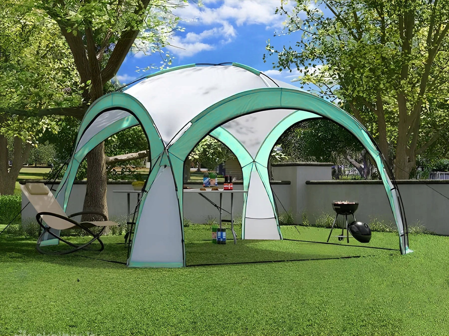 Pavilion gradina 350x350x230 cm, structura fibra de sticla, acoperis poliester impermeabil, verde cu alb