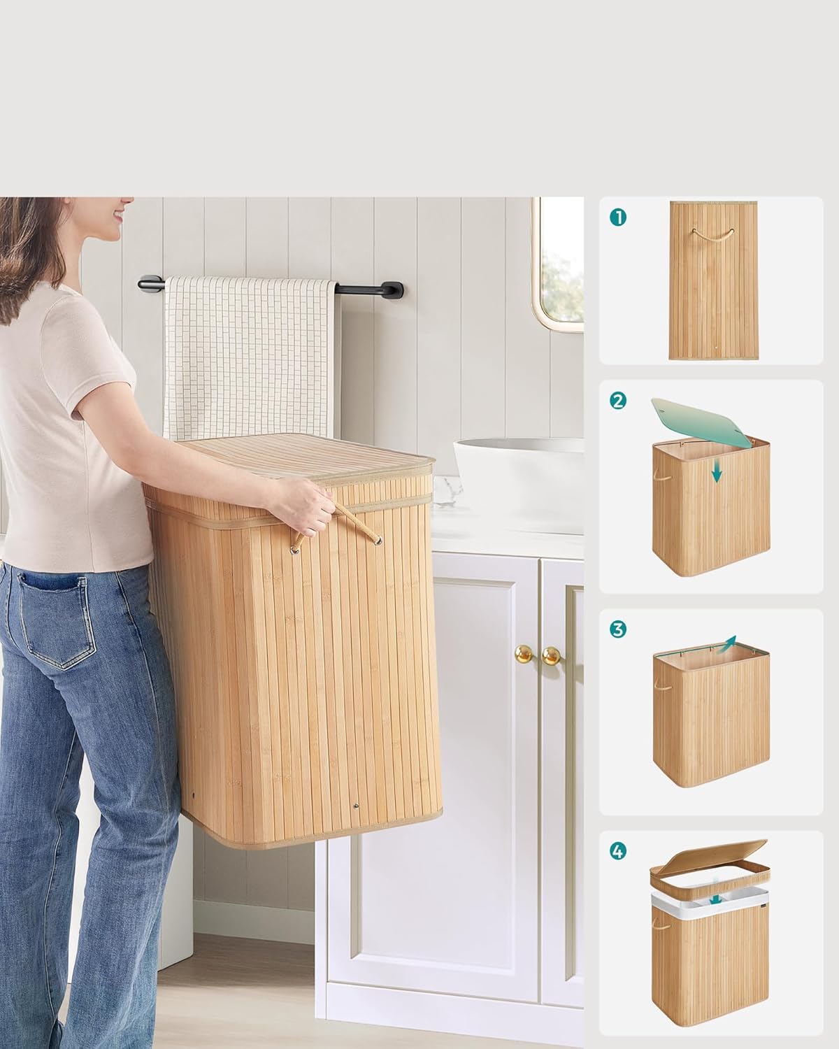 SONGMICS Cos rufe 63x42x61 cm, 150L, pliabil cu capac si sac lavabil, bambus si textil, bej natur