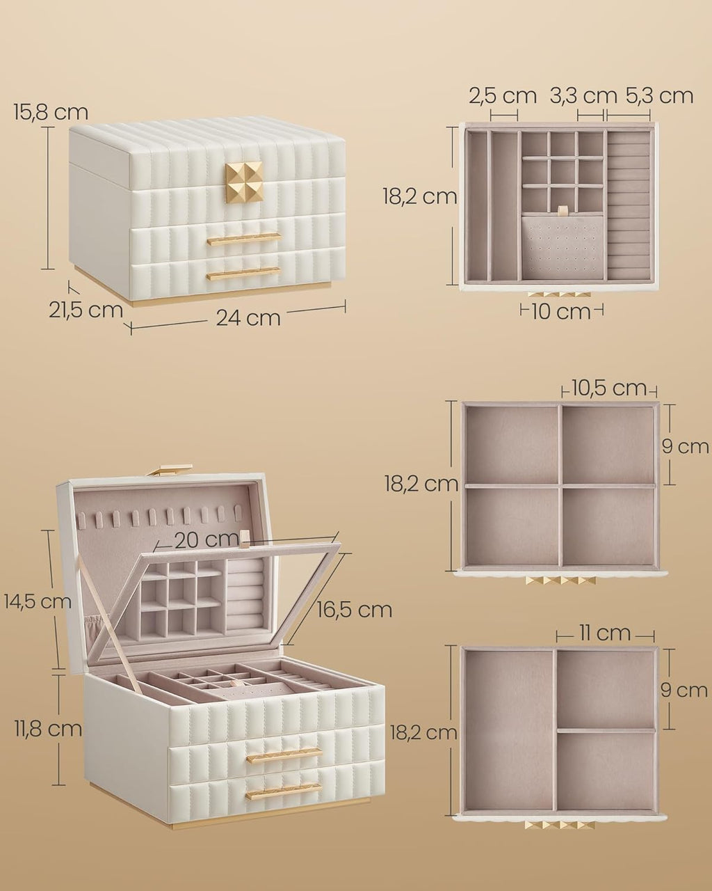 SONGMICS Cutie de bijuterii pe 3 nivele, cu oglinda si tavi detasabile, 22x24x16 cm, alb crem