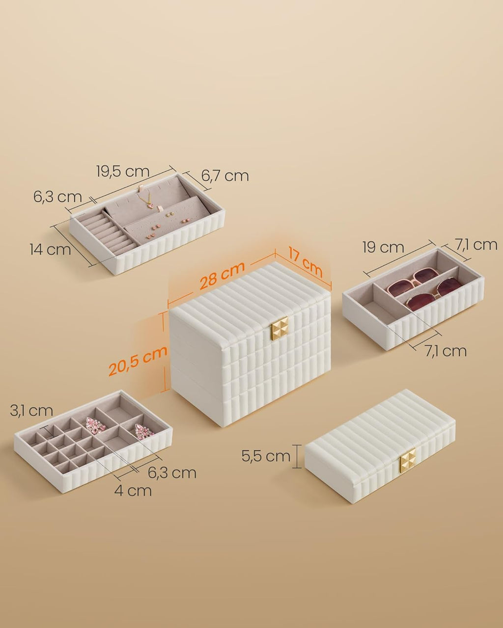 SONGMICS Cutie bijuterii 17x28x21 cm, 4 niveluri, oglinda, captuseala catifea, piele PU alba