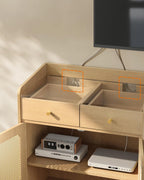 SONGMICS Dulap 70x40x90 cm, cu 2 sertare, raft reglabil si usi duble, MDF si lemn masiv, stil boho, stejar bej